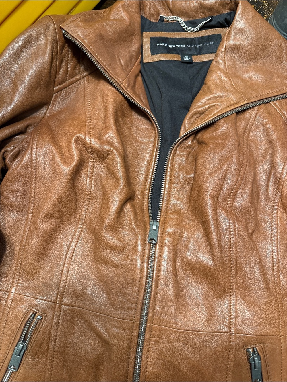 Andrew Marc Men's Cognac Brown Leather Bomber Jacket